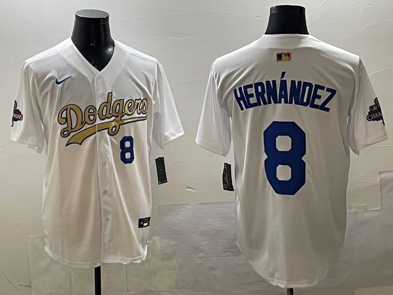 Men Los Angeles Dodgers 8 Hernandez White Champion gold character 2025 Nike MLB Jersey style 3318